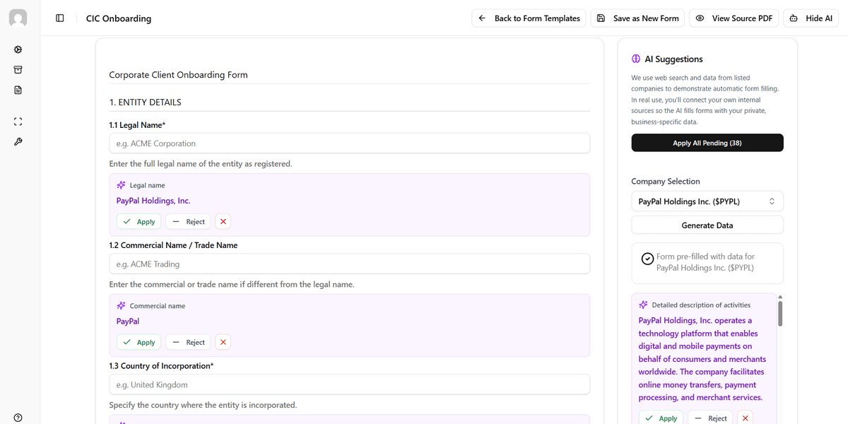 Automatic Form Filling - AI suggestions panel with form fields