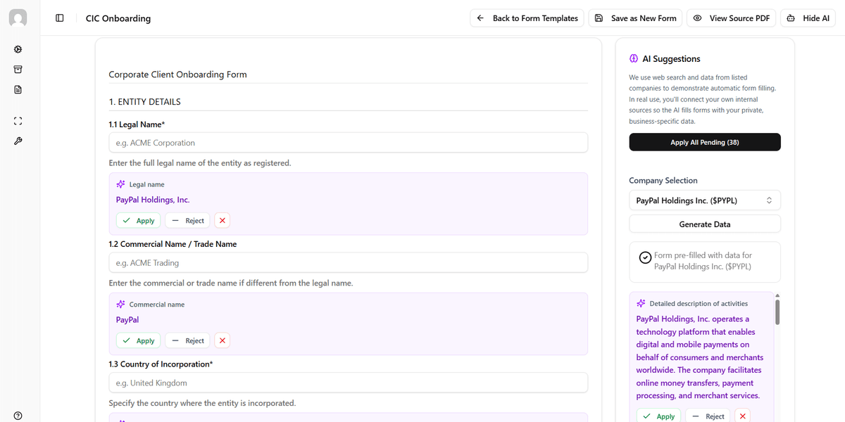 Automatic Form Filling - AI suggestions panel with form fields